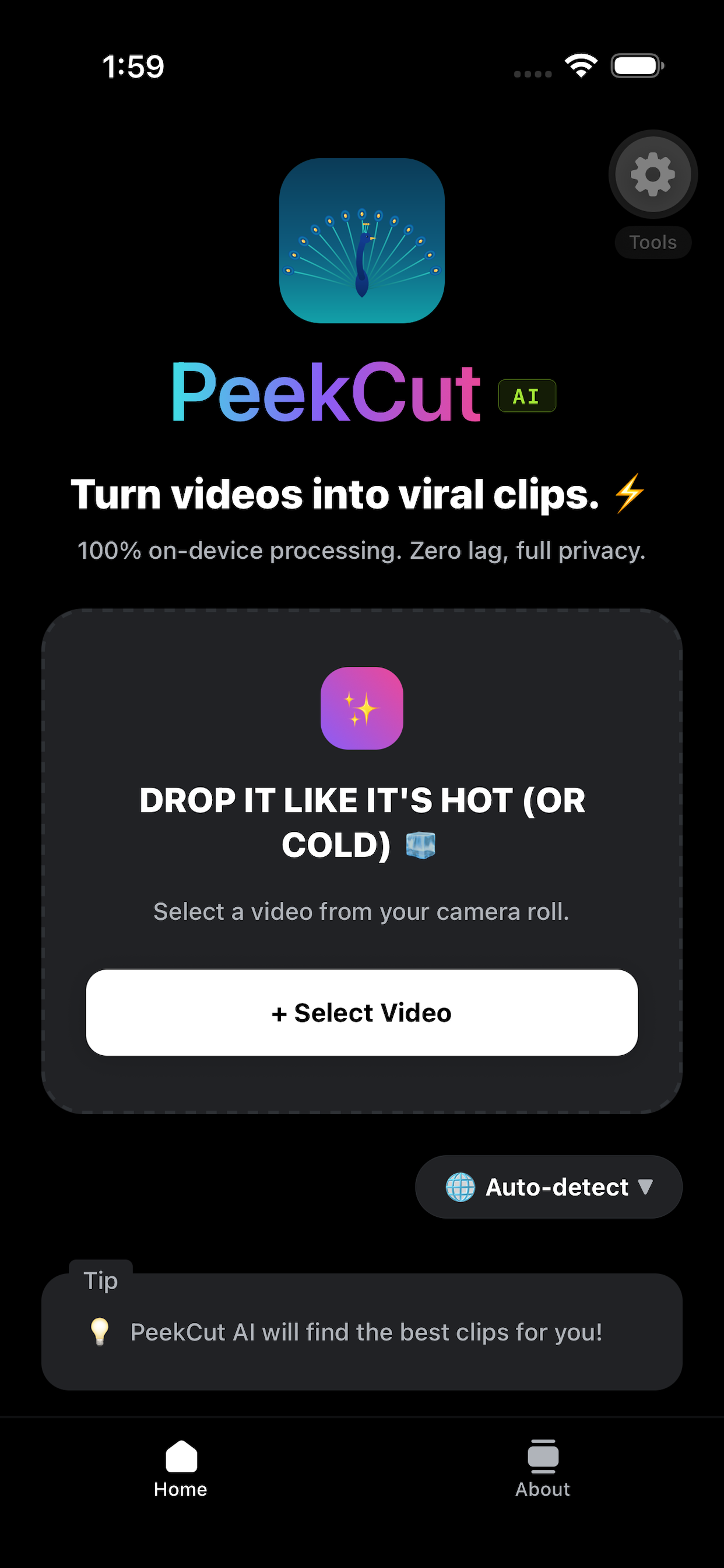 PeekCut home screen with video import