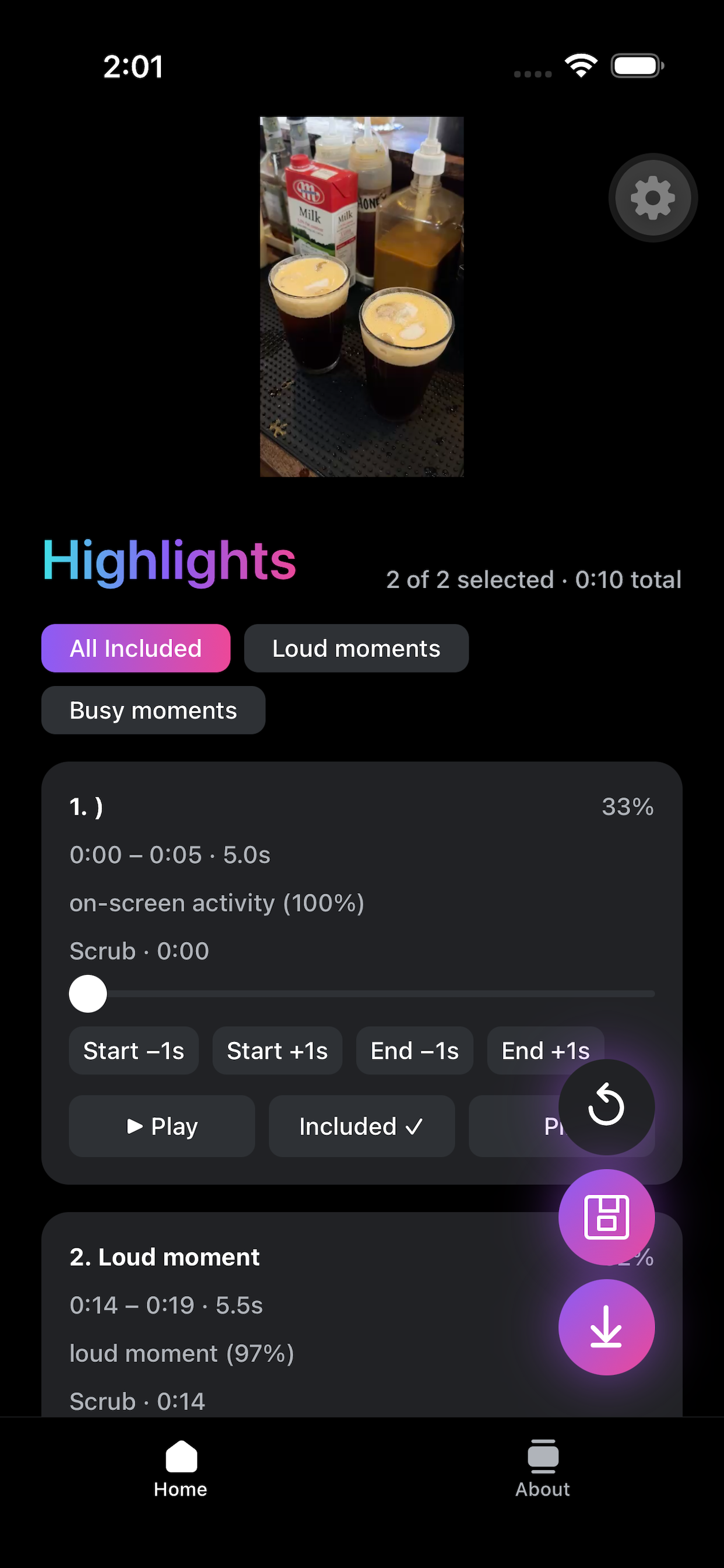 PeekCut highlights list with trim controls