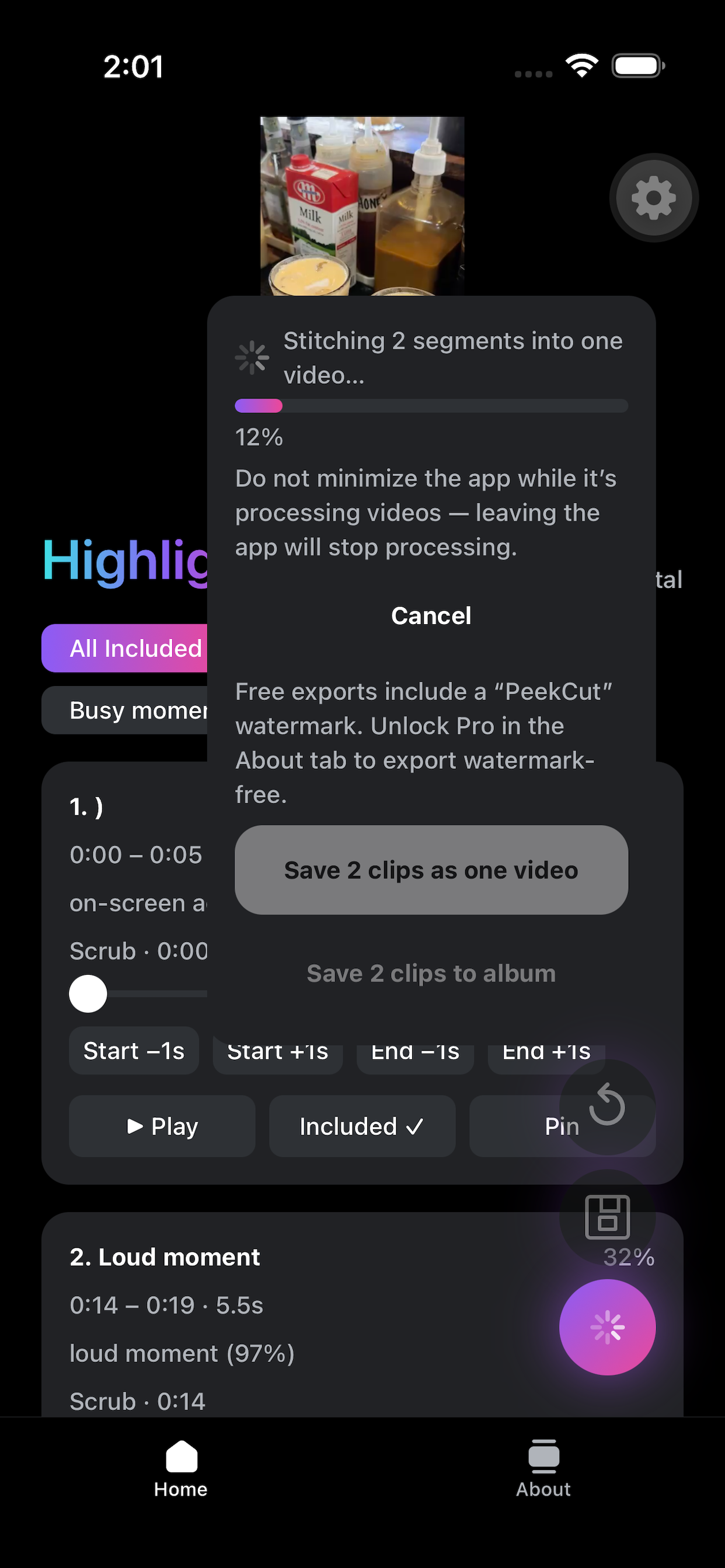 PeekCut export options for clips