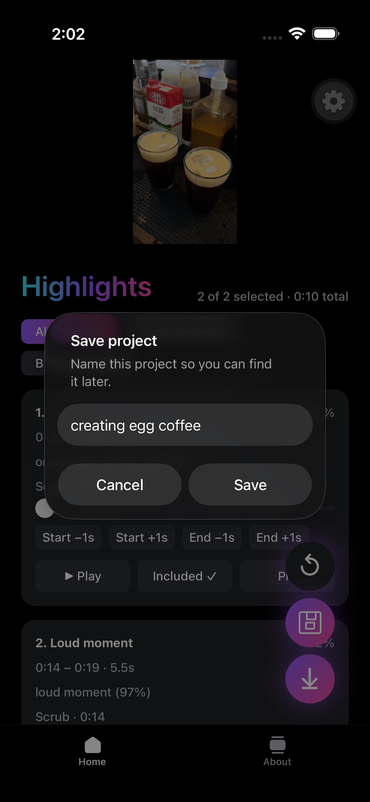 PeekCut project saved confirmation